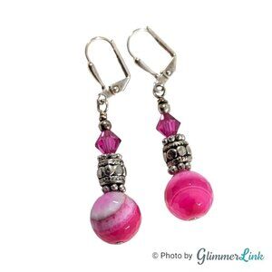Tiered Hot Pink Stone Bead Dangle Leverback Silver Tone Earrings